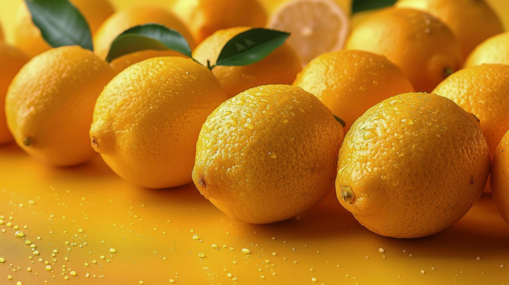 AI generated Pile of Lemons With Leaves on Yellow Background photo