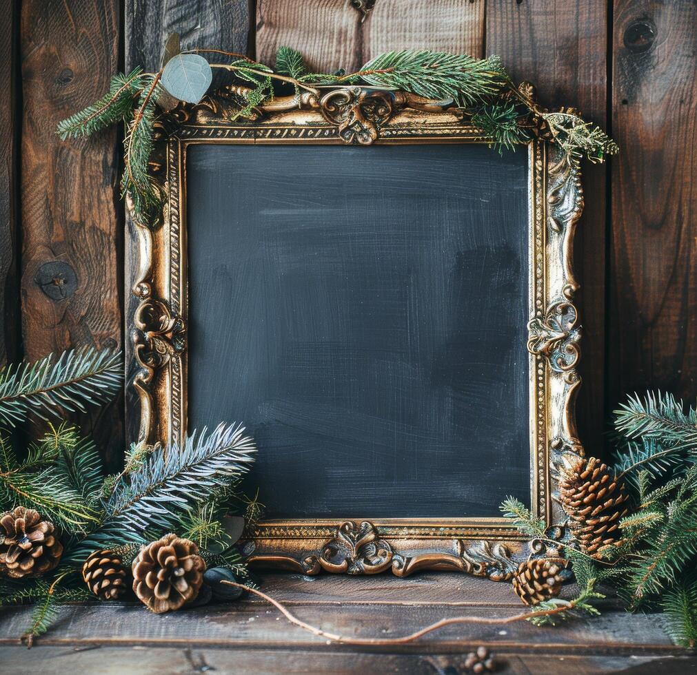 AI generated Chalkboard Surrounded by Pine Cones photo