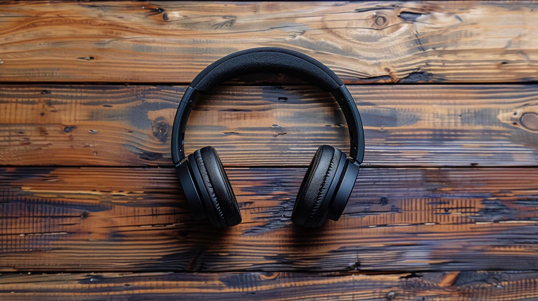 AI generated Headphones on Wooden Table photo