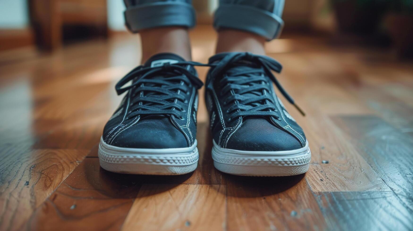AI generated Person Standing on Wooden Floor in Black Sneakers photo