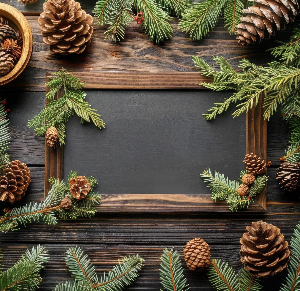 AI generated Pine Cones and Fir Branches With Chalkboard photo