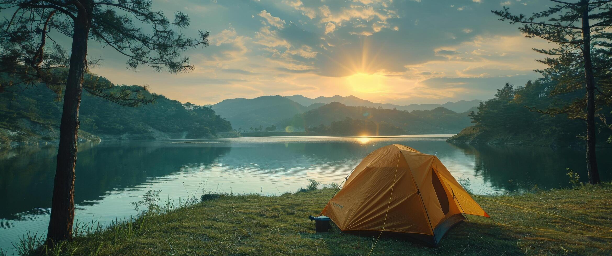 AI generated Tent Set Up on Lake Shore photo