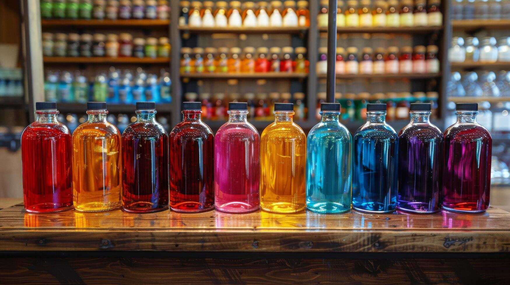 AI generated Row of Bottles Filled With Different Colored Liquids photo