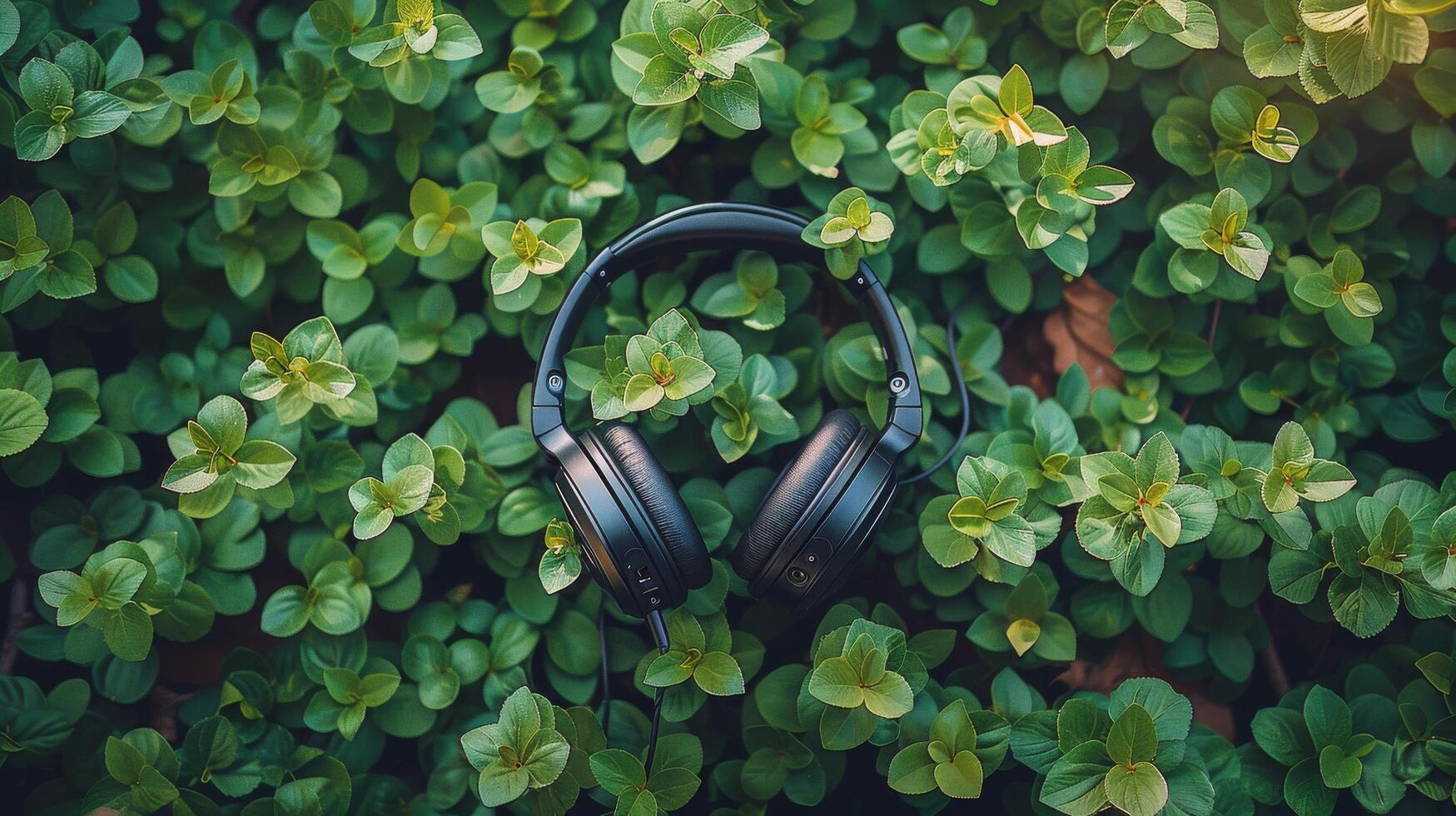 AI generated Headphones Resting on Green Plants photo