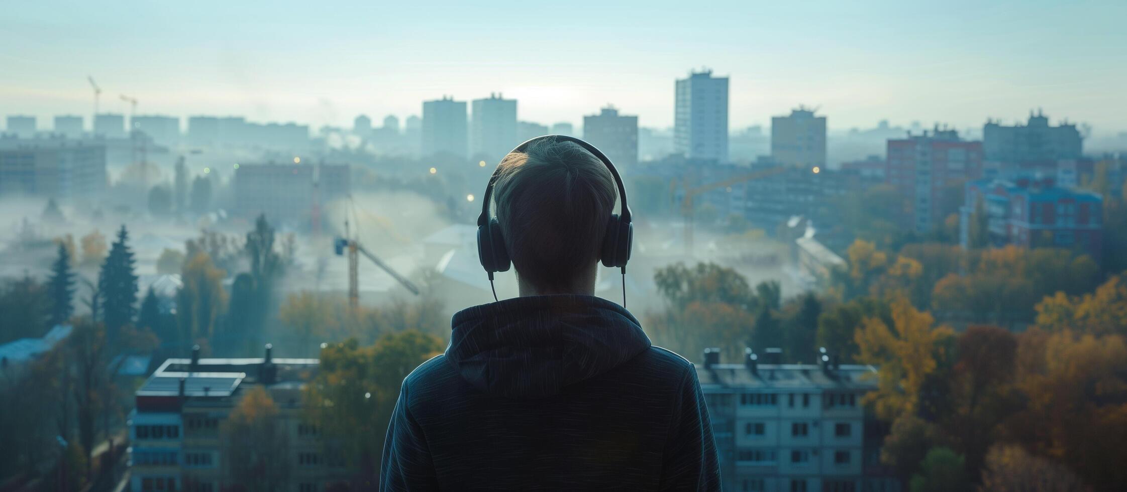 ai generado un hombre escuchando música utilizar auriculares con paisaje urbano ver foto