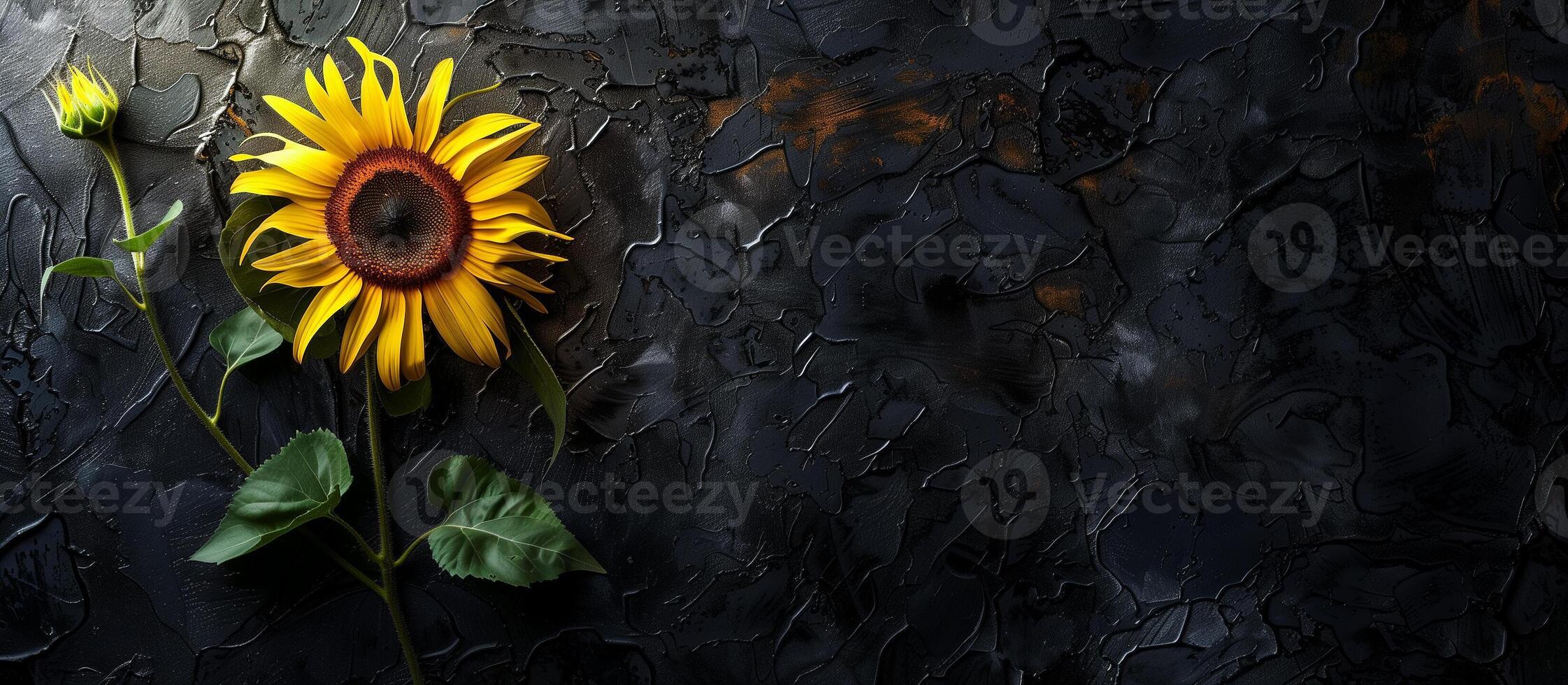 AI generated sunflowers at black wall texture, spring summer concept background photo