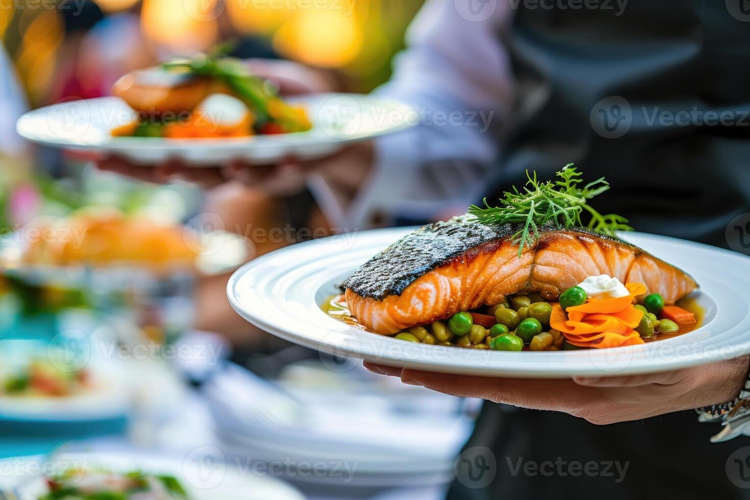 ai generado camarero que lleva platos con pescado plato en algunos festivo evento, fiesta o Boda recepción restaurante. foto