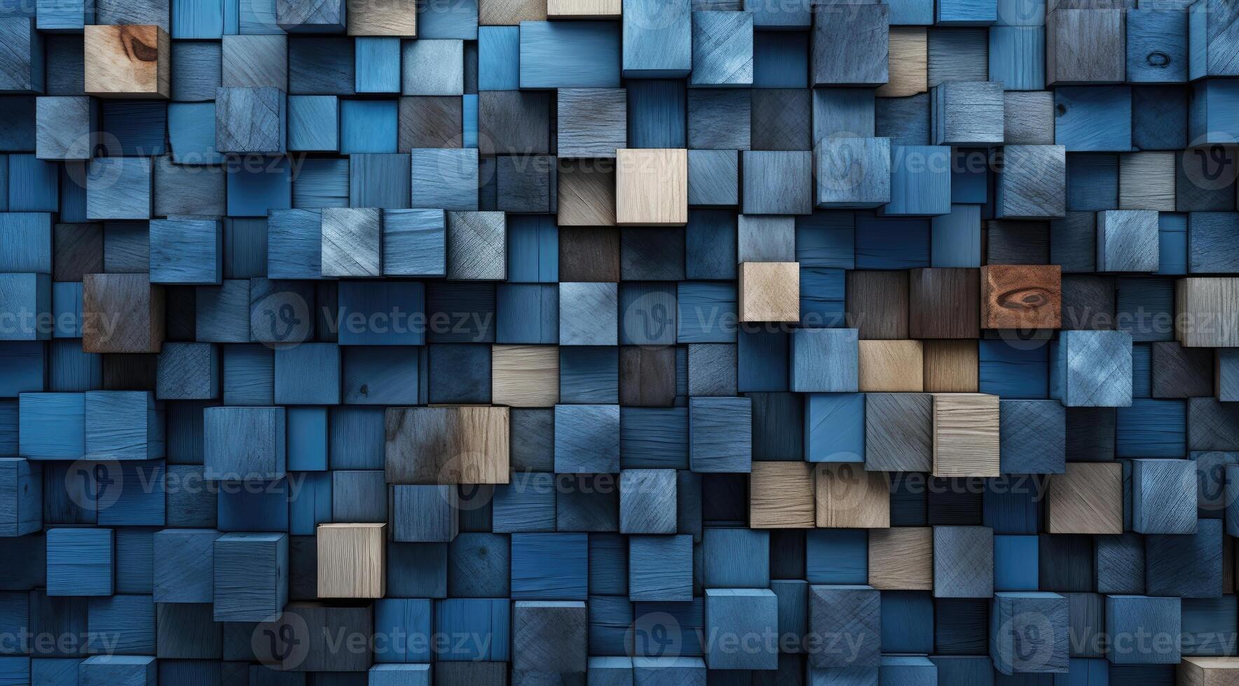 AI generated Abstract block stack wooden 3d cubes, blue wood texture for backdrop photo