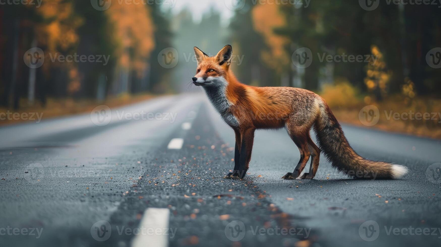 AI generated Fox standing on the road near forest. Road hazards, wildlife and transport. photo