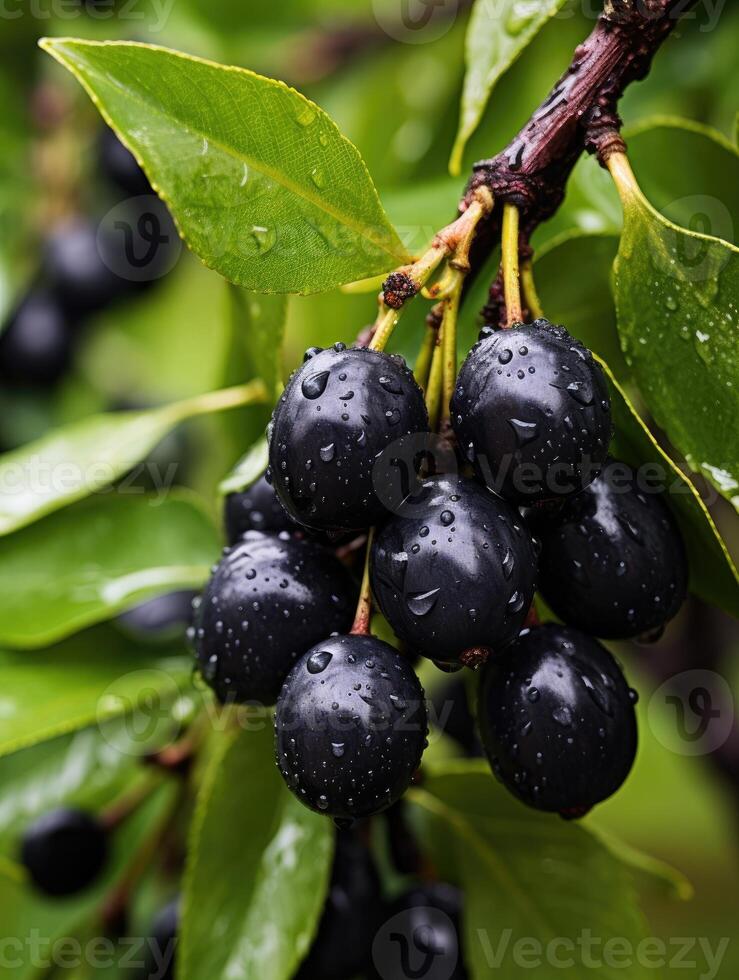 AI generated Ripe black olives on the tree with green leaves and water drops, close up view. photo