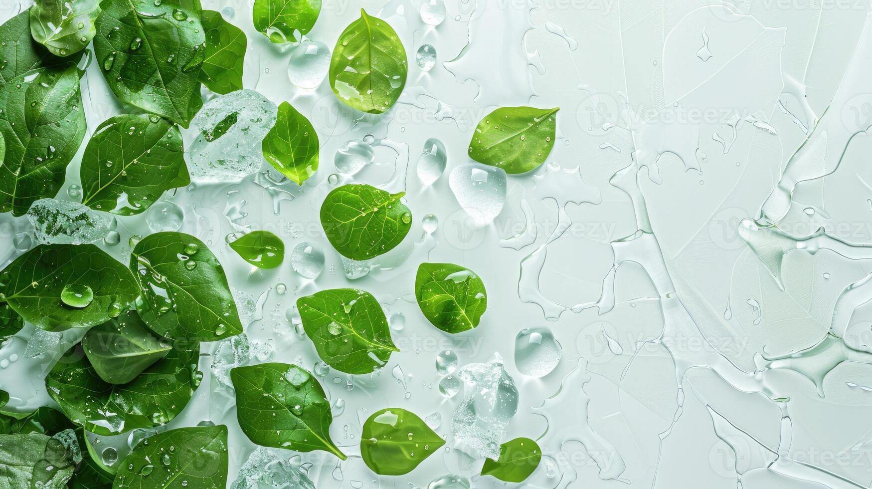 AI generated Green leaves show clear water on a light background. Summer background for the display of natural cosmetics. Nature background for luxury spa product photo