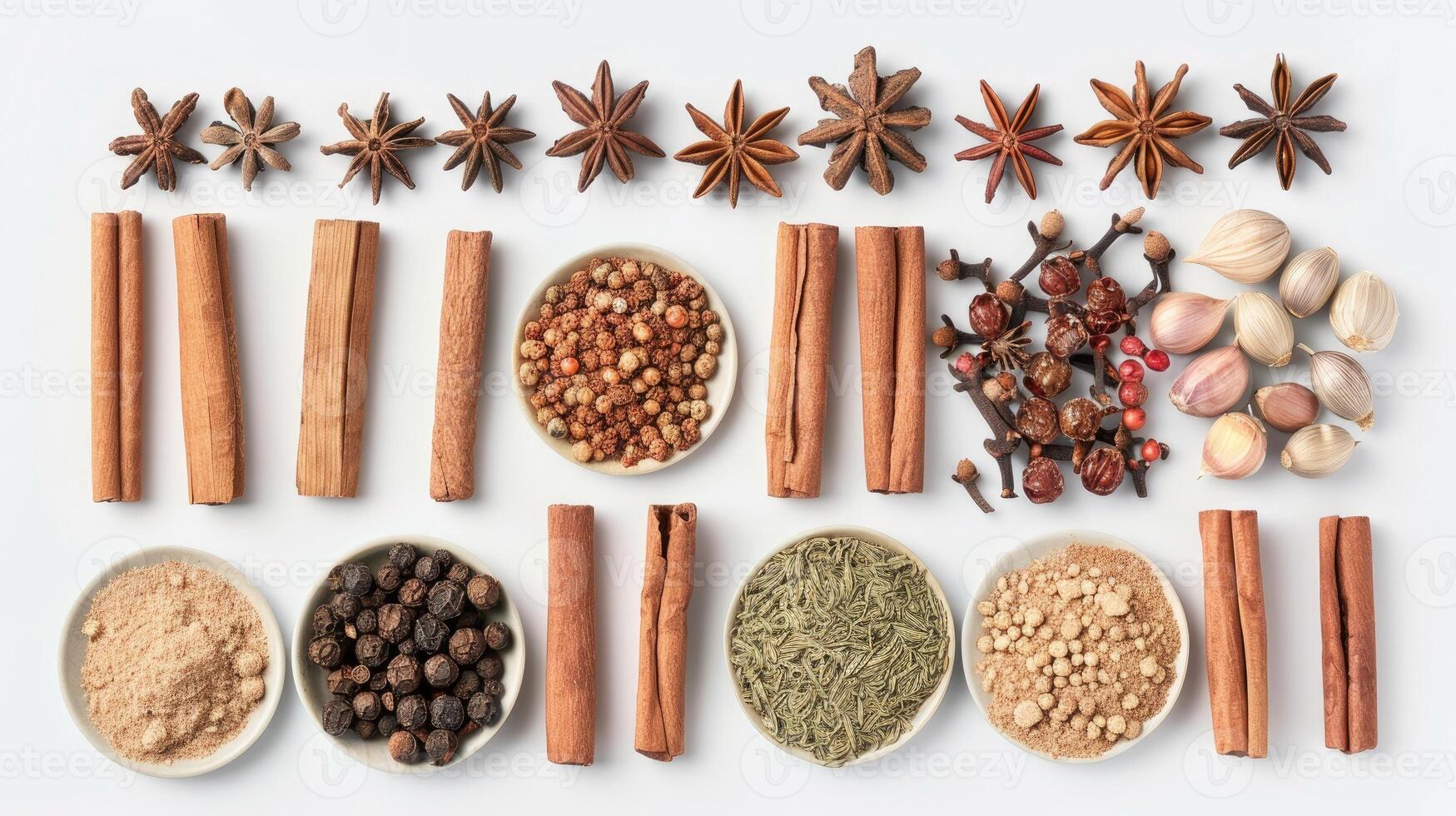 AI generated Variety of spices in wooden bowls on white photo