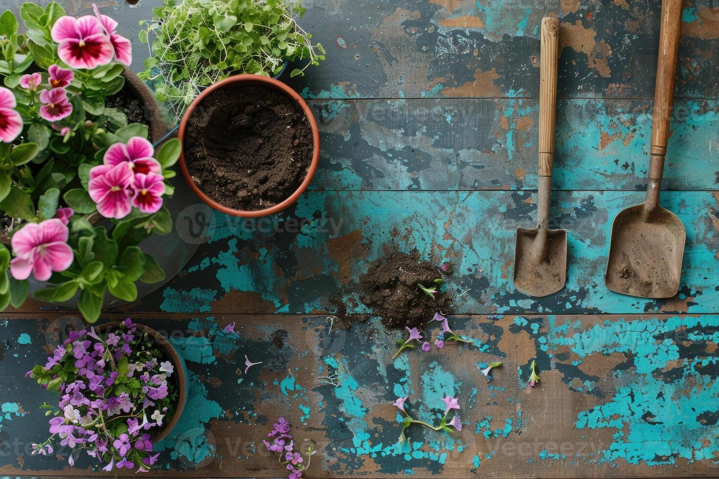 AI generated Spring flowers in pots with shovel and soil on garden table. Concept of gardening and planting plants photo