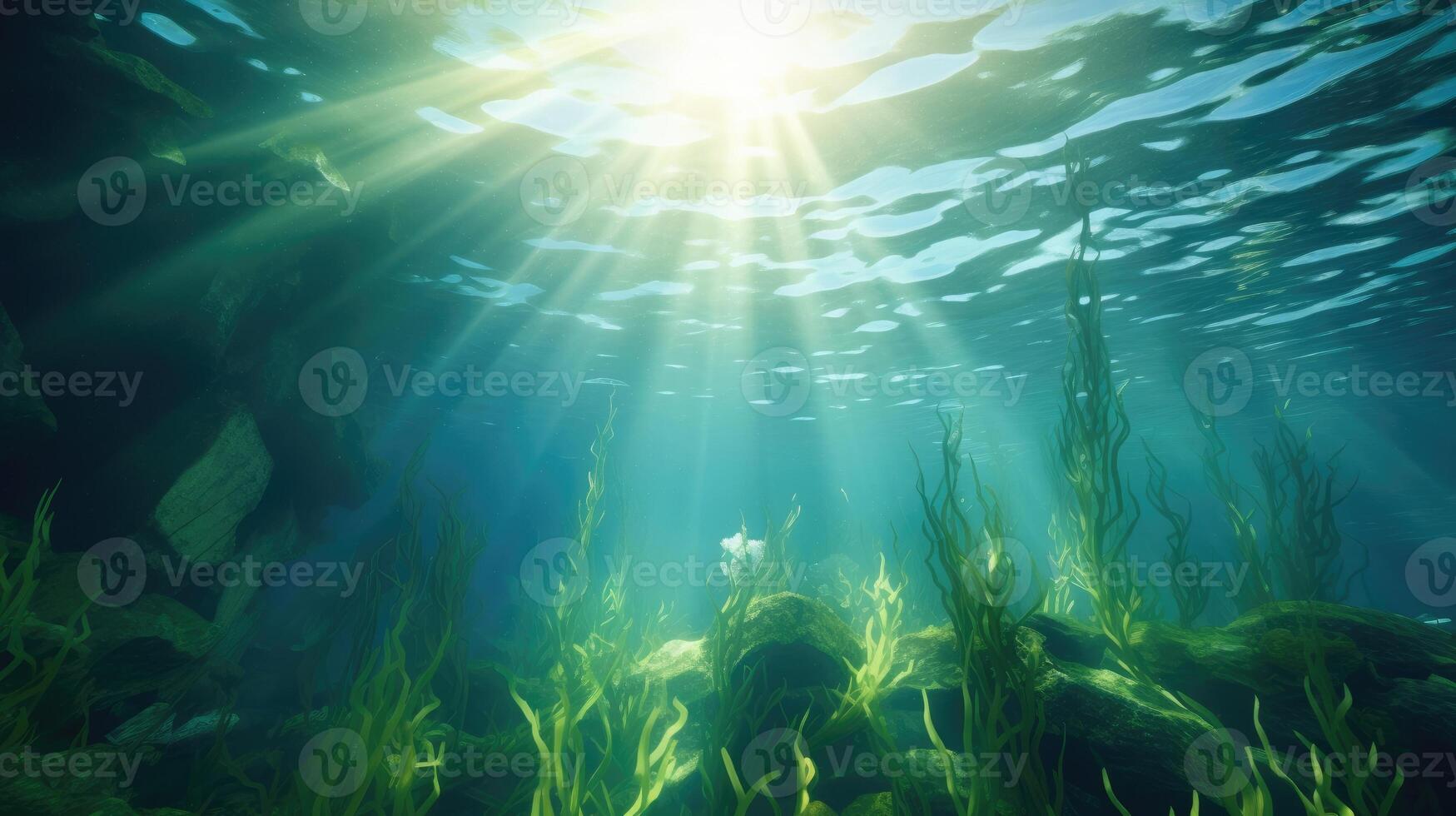 AI generated Underwater sunlight piercing through ocean surface photo