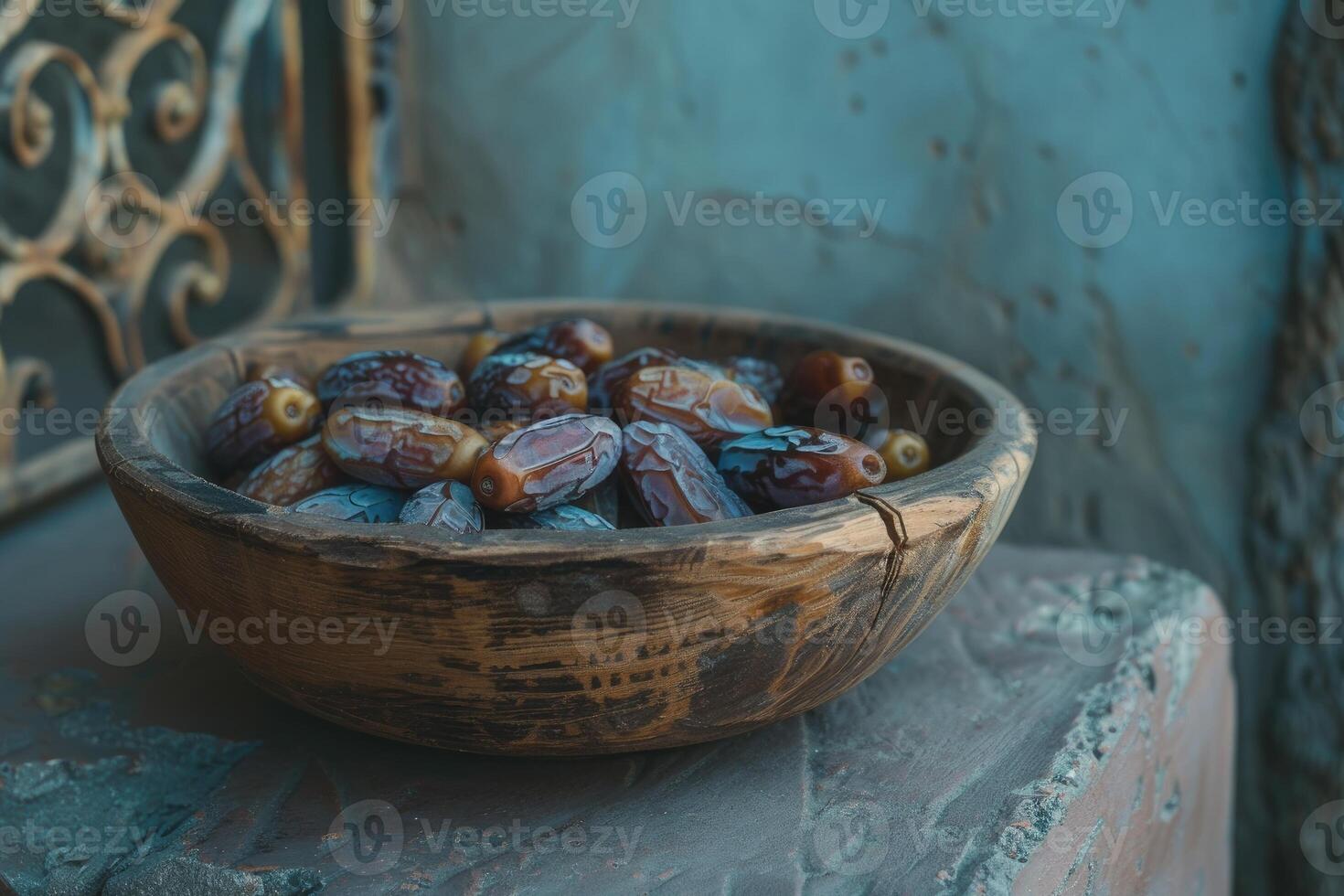 AI generated Wooden bowl filled with dates photo