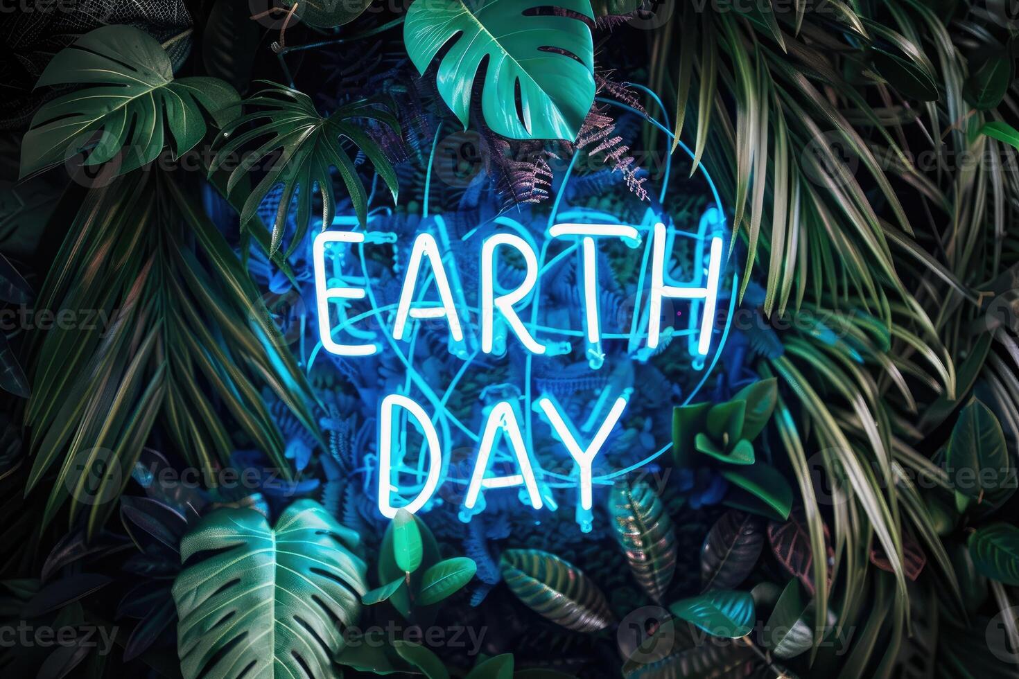 AI generated A striking neon sign that reads Earth day encircled by dark green tropical leaves photo
