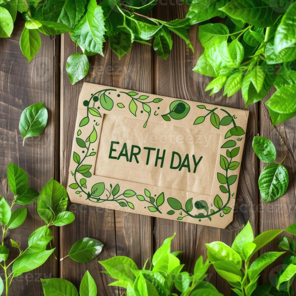 AI generated Earth Day paper sheet with fresh spring green leafs border frame , eco natural banner concept photo