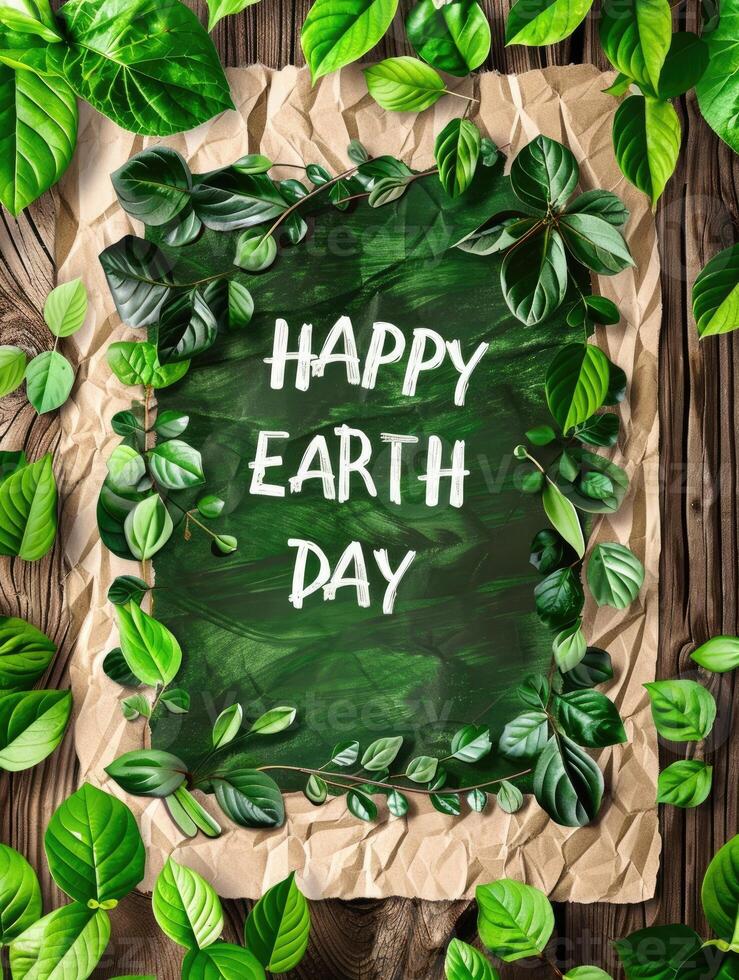 AI generated Happy Earth Day paper sheet with fresh spring green leafs border frame , eco natural banner concept photo