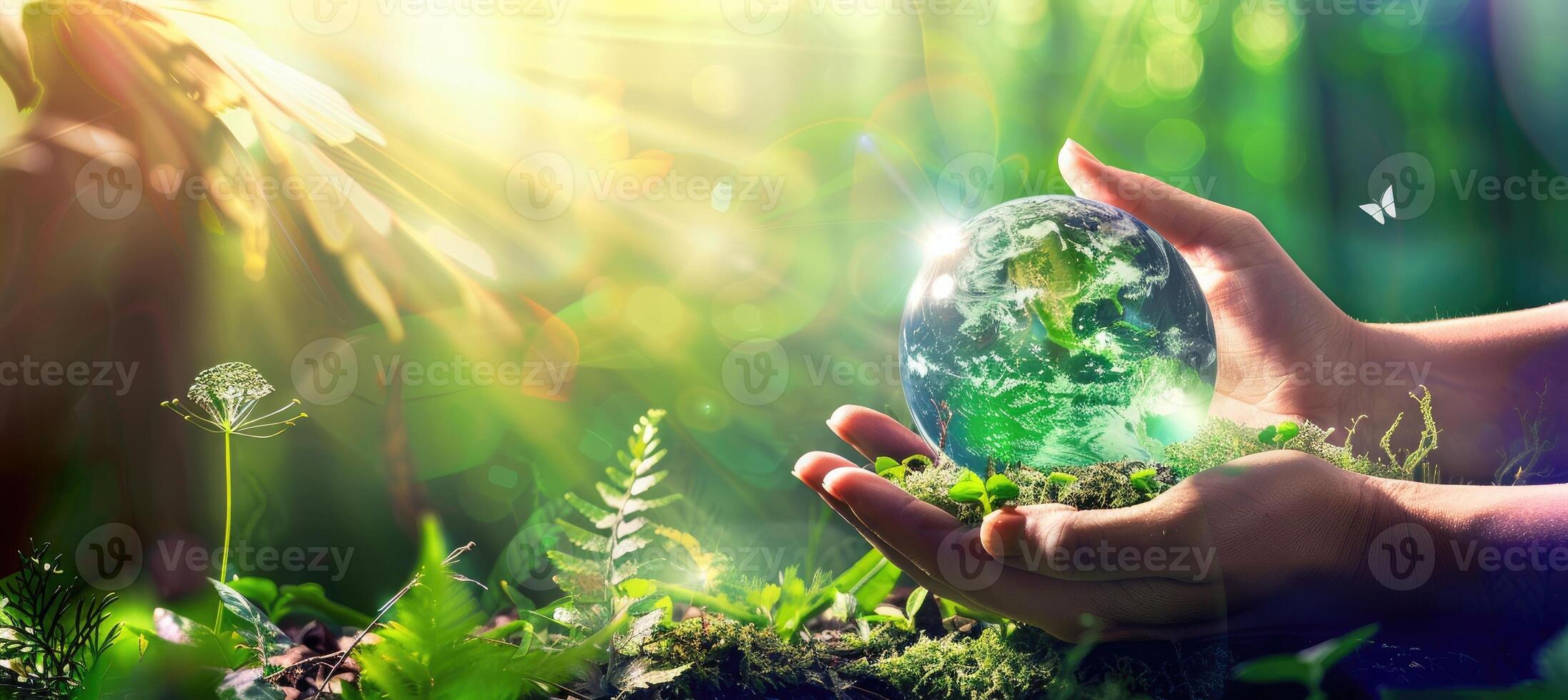 AI generated Hands holding globe glass In green forest - Earth day, environment concept photo