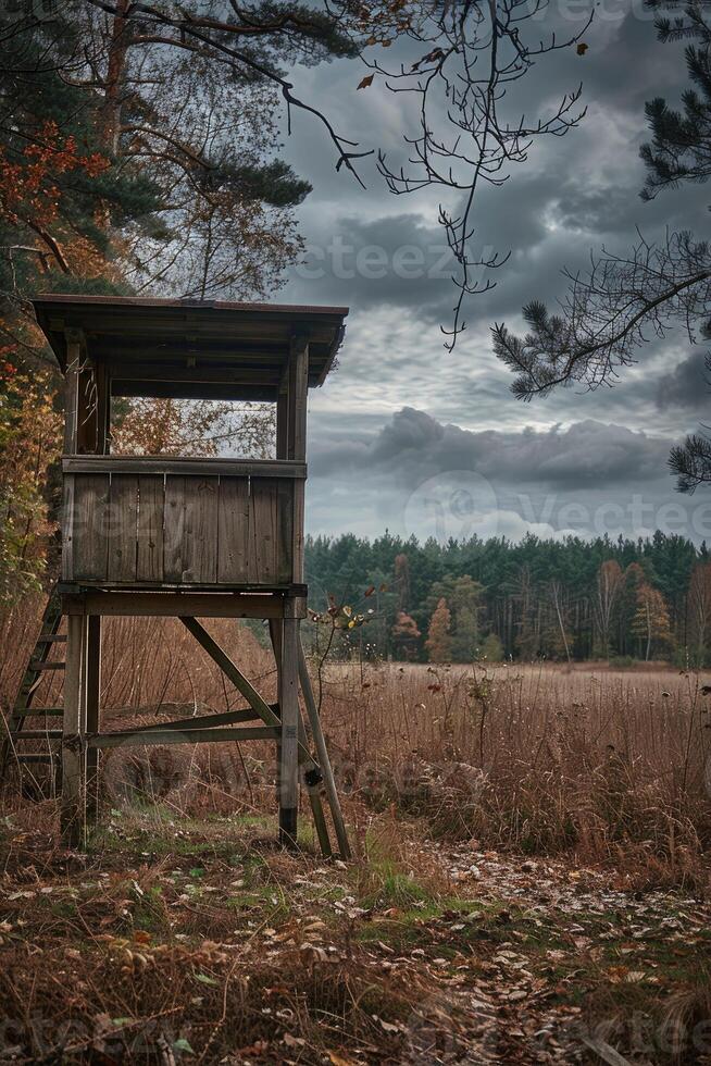 AI generated Hunting lookout at the edge of the forest photo