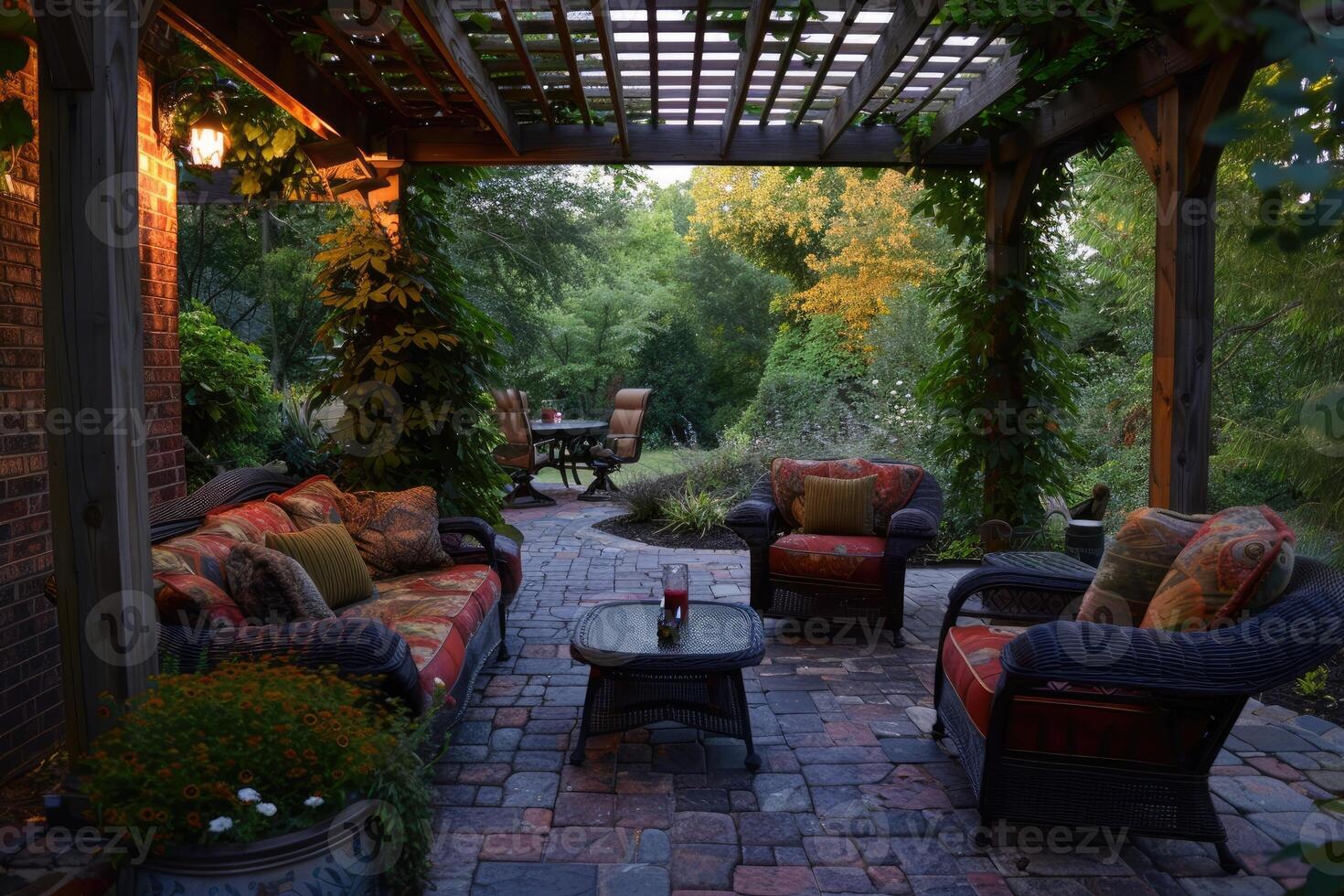 AI generated Cozy patio with sofas and a table. Pergola shade over patio. photo