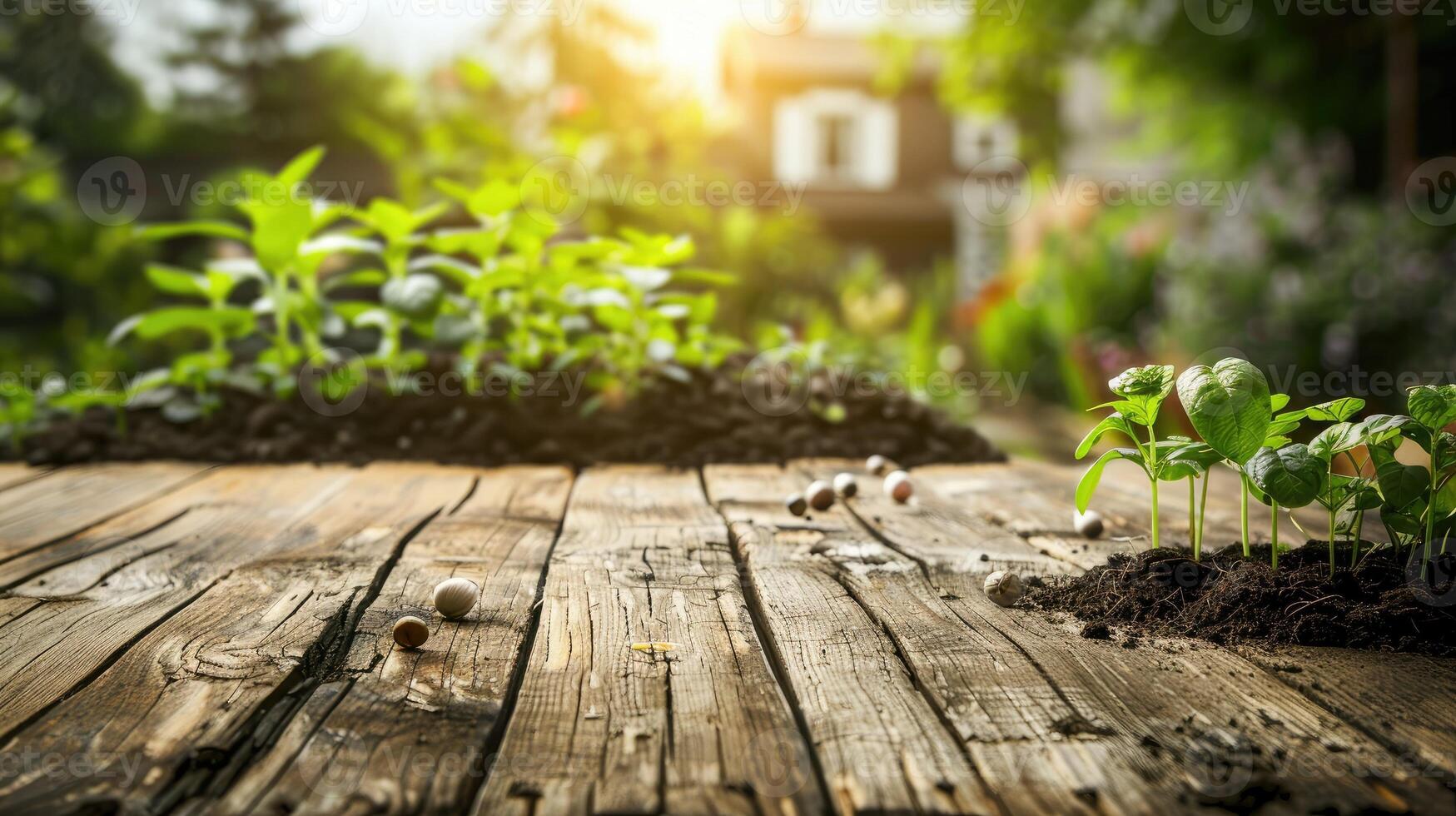 AI generated An empty wooden table top and seeds and seedlings for spring planting against a blurred abstract green background of garden and house. photo