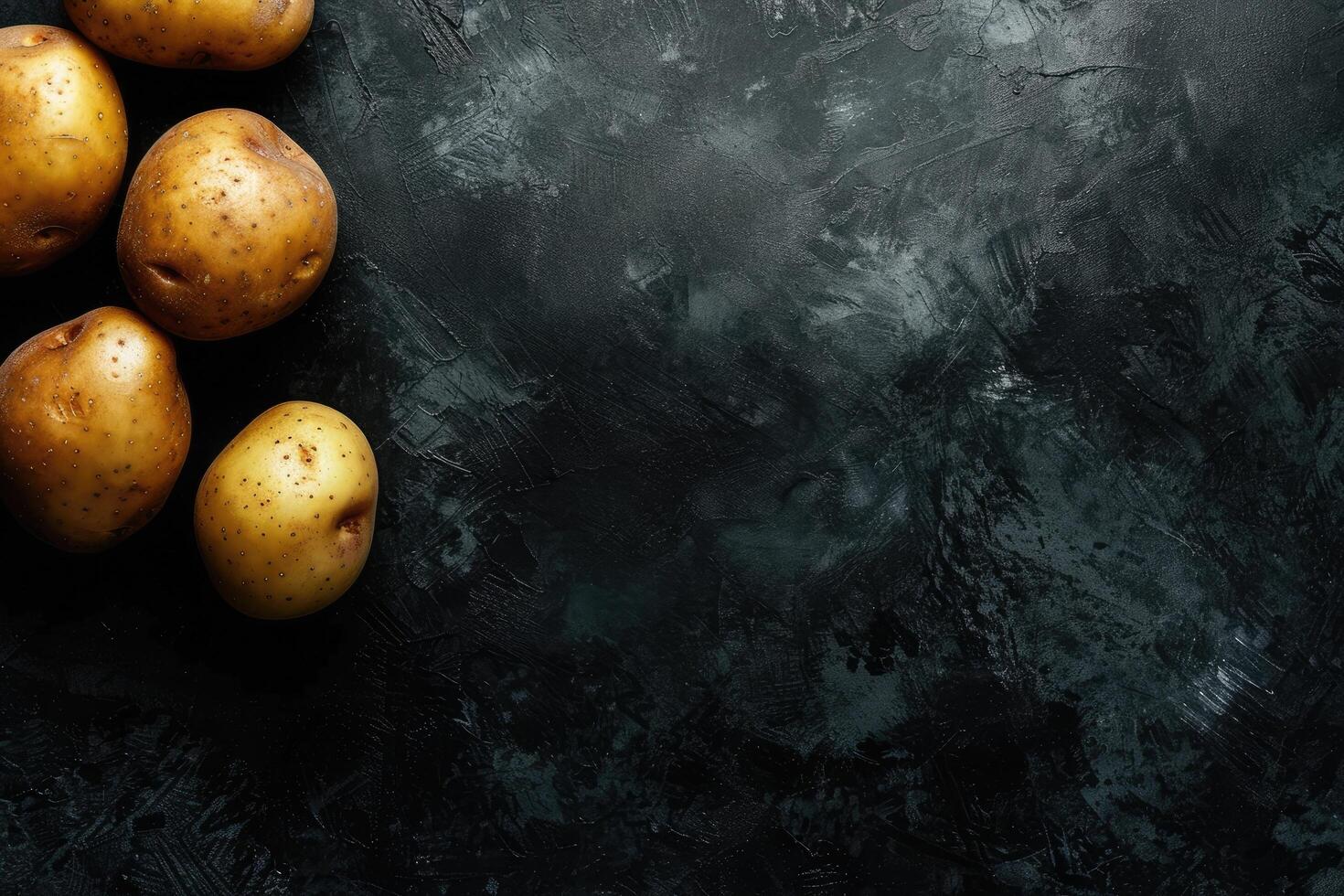 AI generated Raw potatoes on black background, space for text. photo