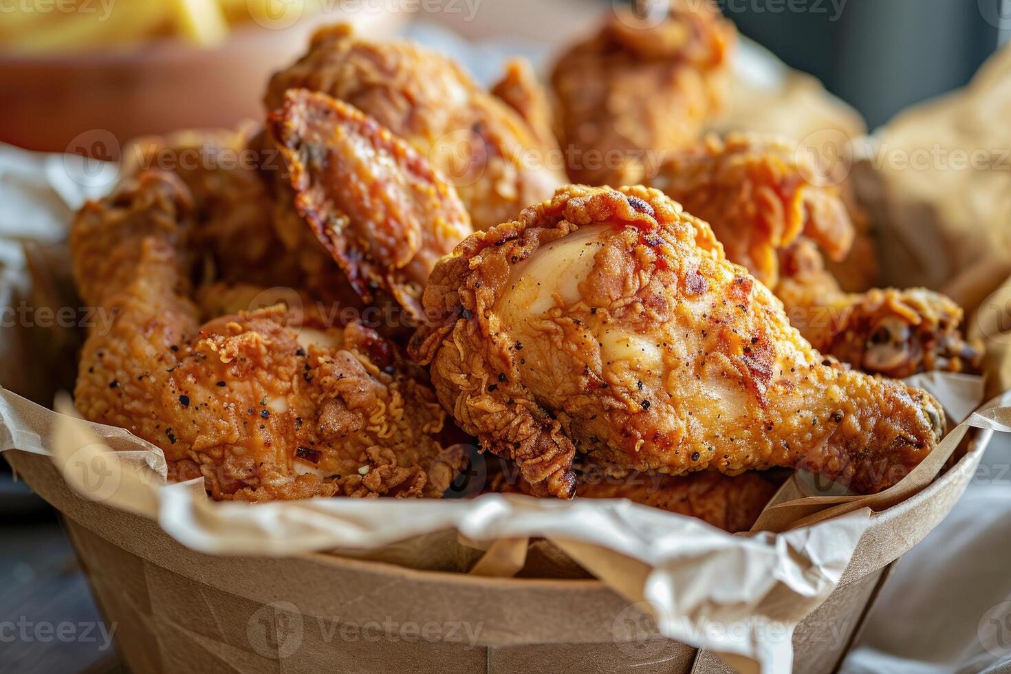 ai generado dorado marrón y crujiente asado frito pollo servido en un marrón papel Cubeta foto