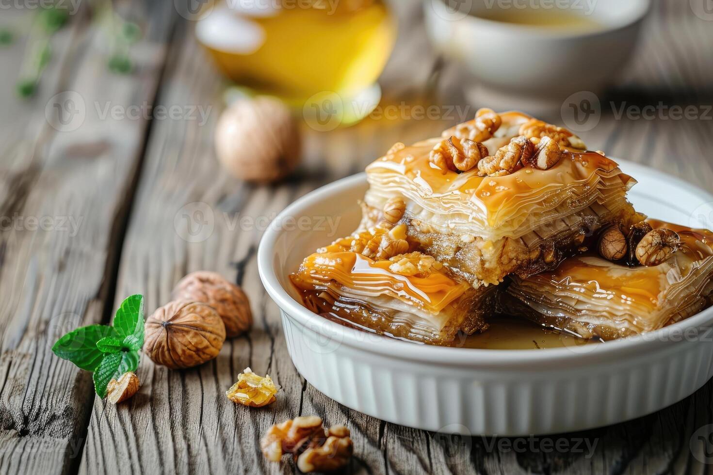 AI generated Traditional arabic dessert Baklava with honey and walnuts. photo