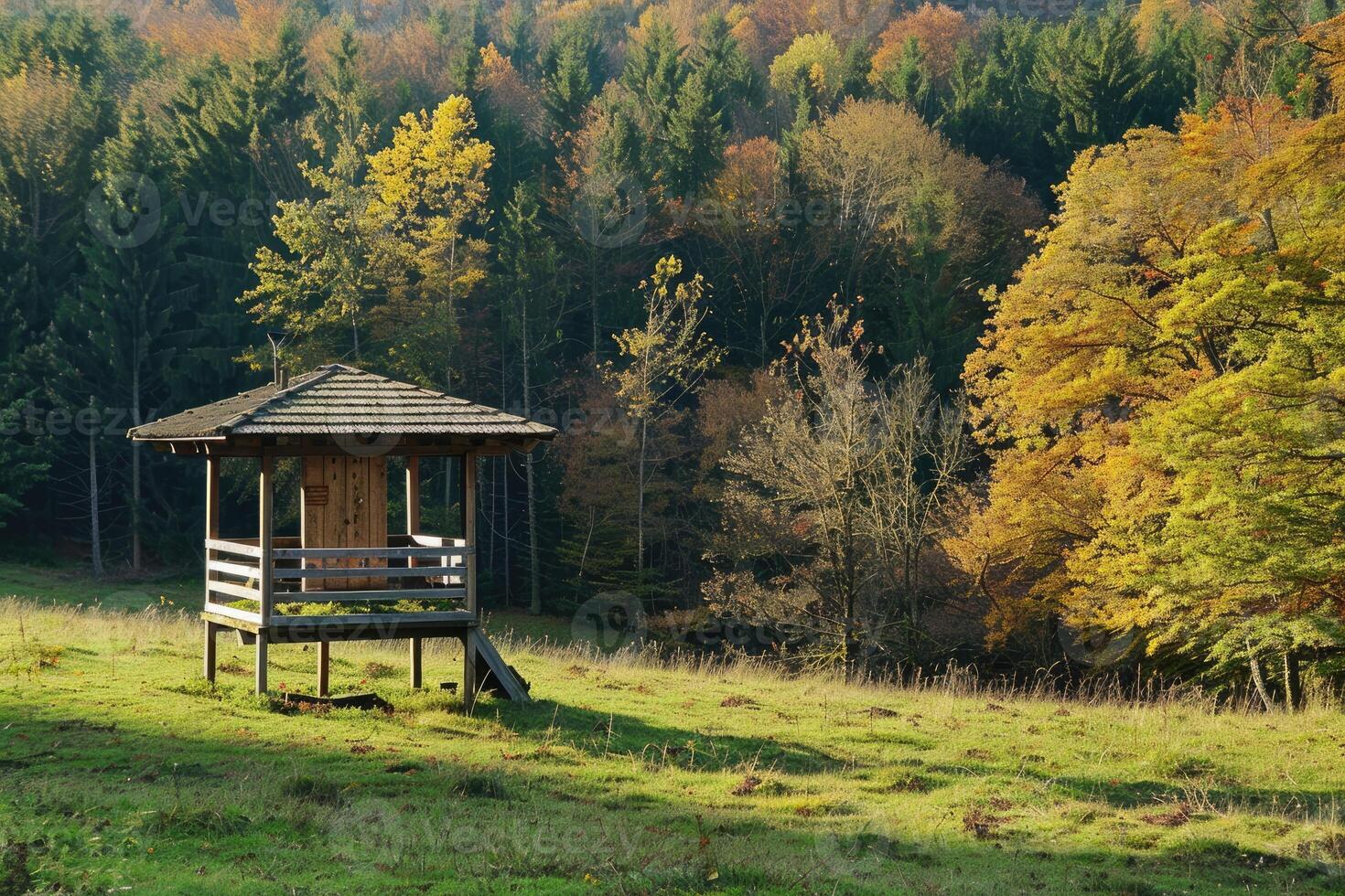 AI generated Hunting lookout at the edge of the forest photo