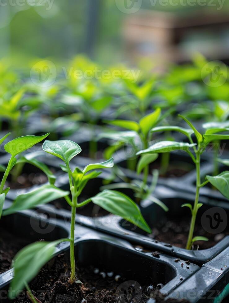 AI generated Cultivation row of chilli sprout growing in soil tray photo