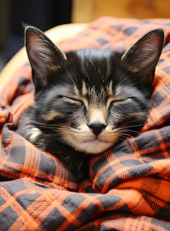 un pequeño negro y blanco gatito es pacíficamente dormido en un suave frazada, rizado arriba en un acogedor pelota. el adorable felino es completamente relajado, con sus ojos cerrado y patas metido debajo sus cuerpo. foto