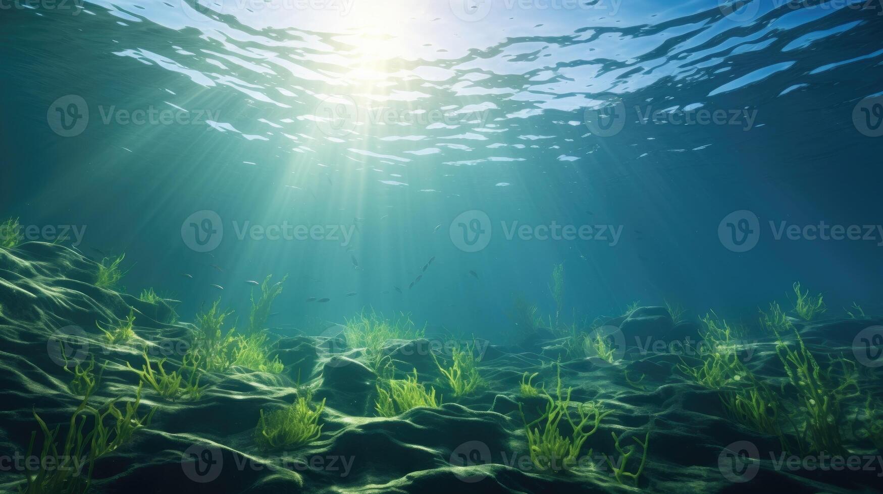 AI generated Underwater sunlight piercing through ocean surface photo