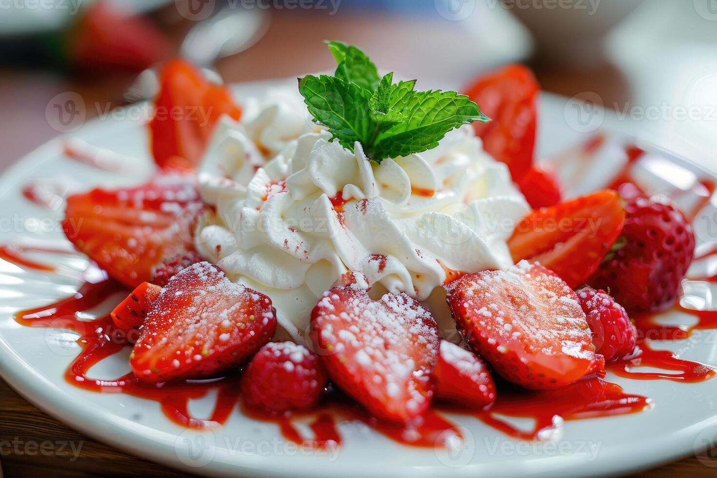 AI generated Dessert with strawberries and whipped cream photo