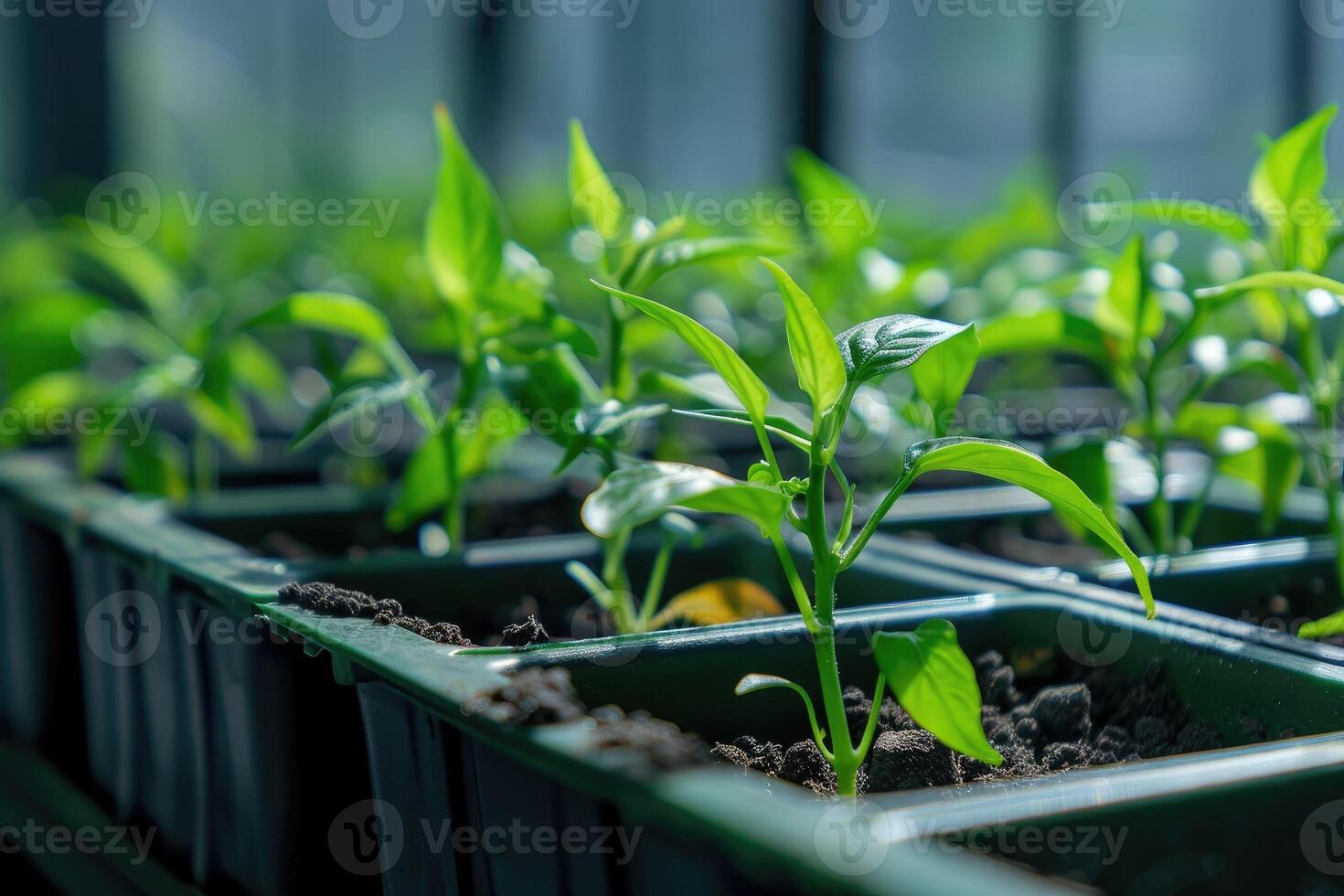 AI generated Cultivation row of chilli sprout growing in soil tray photo