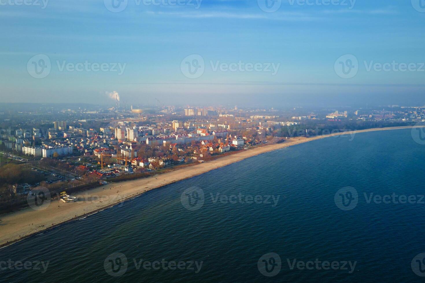 Baltic sea shore with view of Gdansk city, aerial view photo