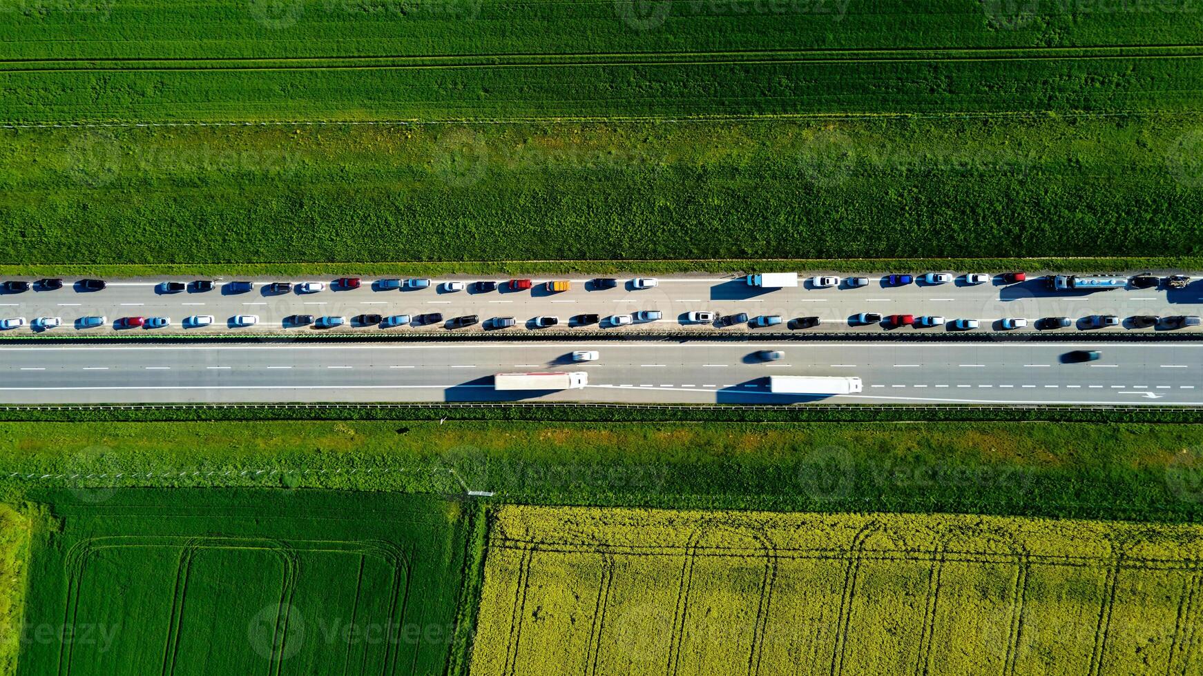 Traffic jam on highway A4 in Poland, aerial view photo