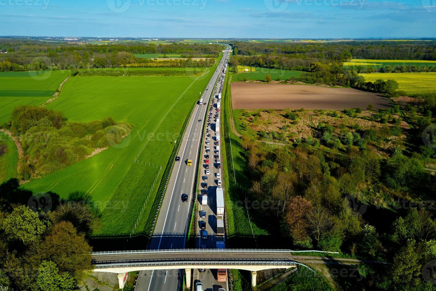 Traffic jam on highway A4 in Poland, aerial view photo