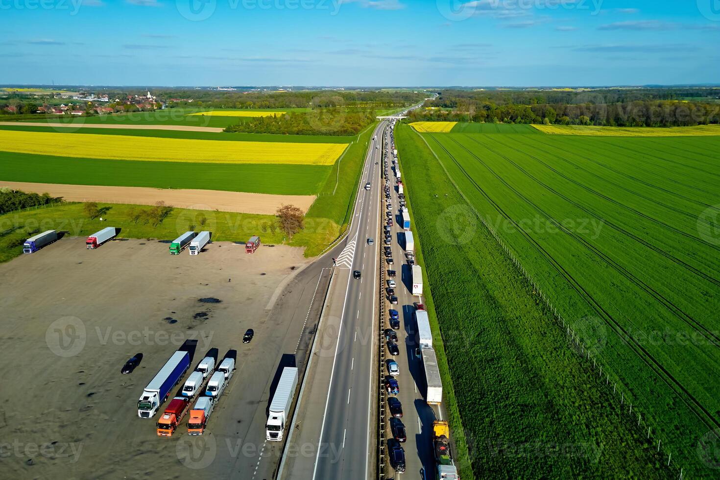 Traffic jam on highway A4 in Poland, aerial view photo