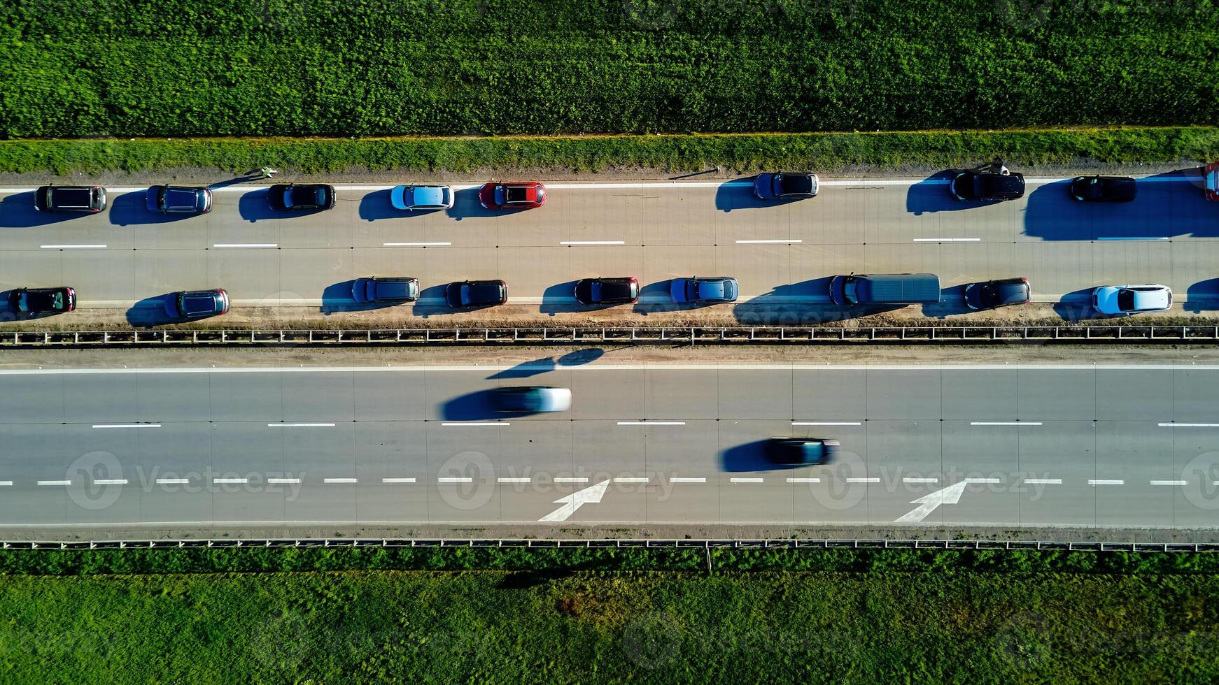 Traffic jam on highway A4 in Poland, aerial view photo