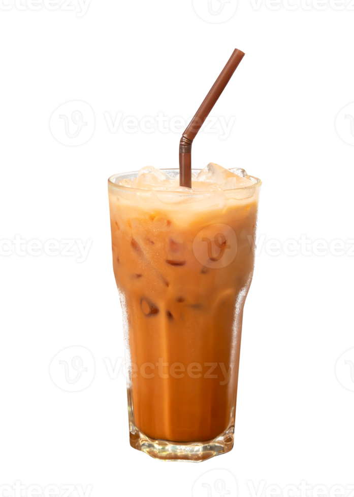 Front view of cold orange Thai tea with condensed milk and ice isolated with clipping path in png file format