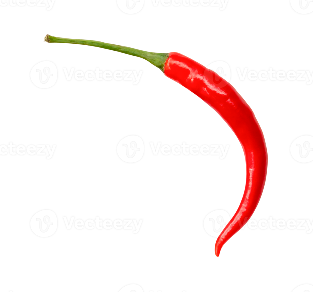 Top view of curved red chili pepper isolated with clipping path in png file format