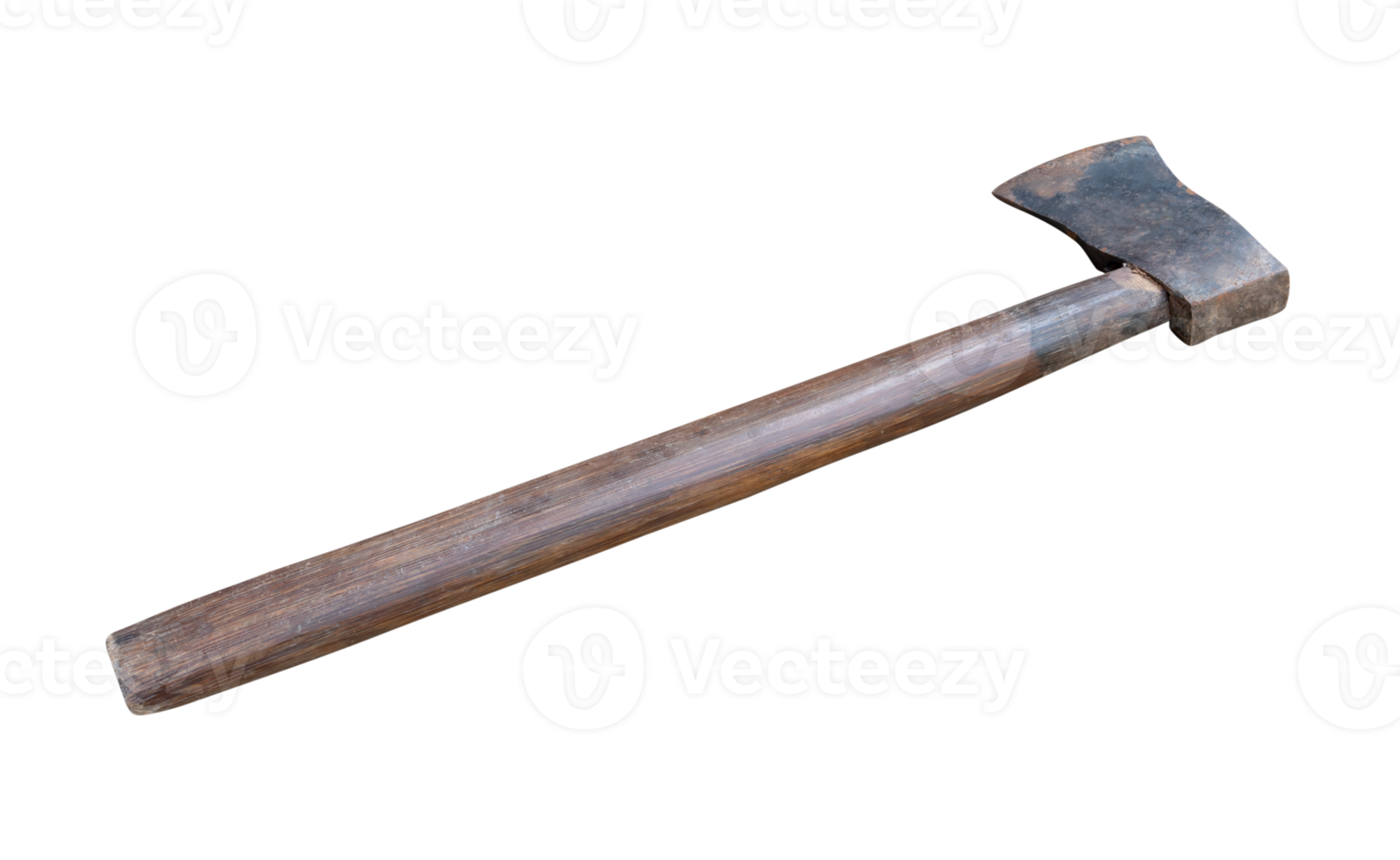 Old rust dirty dark gray axe with brown wooden handle isolated with clipping path in png file format