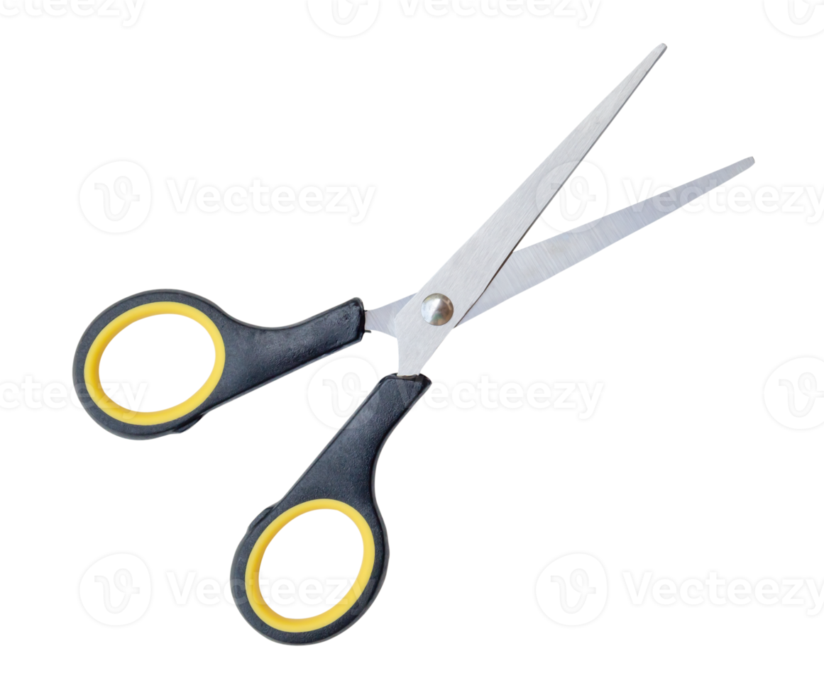 Top view of a pair of small multipurpose scissors with black handle isolated with clipping path in png file format