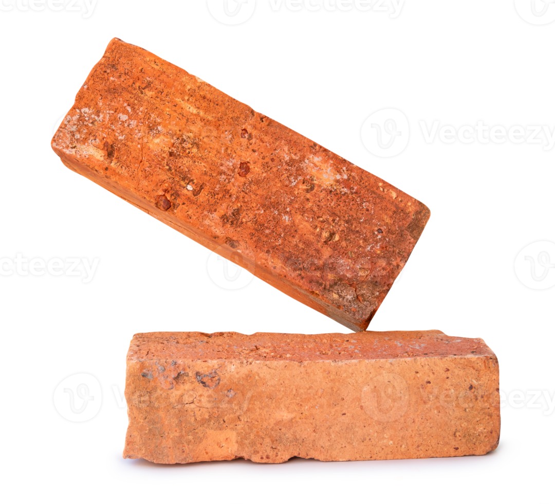 Side view of cracked old red or orange bricks in stack isolated with clipping path and shadow in png file format