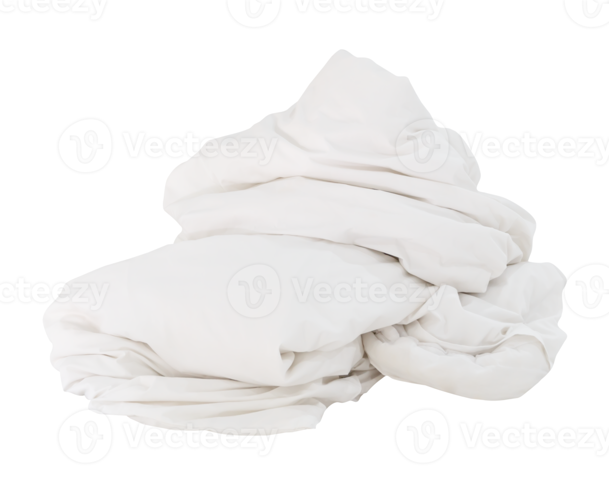 Front view of white crumpled blanket or bedclothes ball in hotel room leaved untidy and dirty after guest's use over night isolated with clipping path in png file format