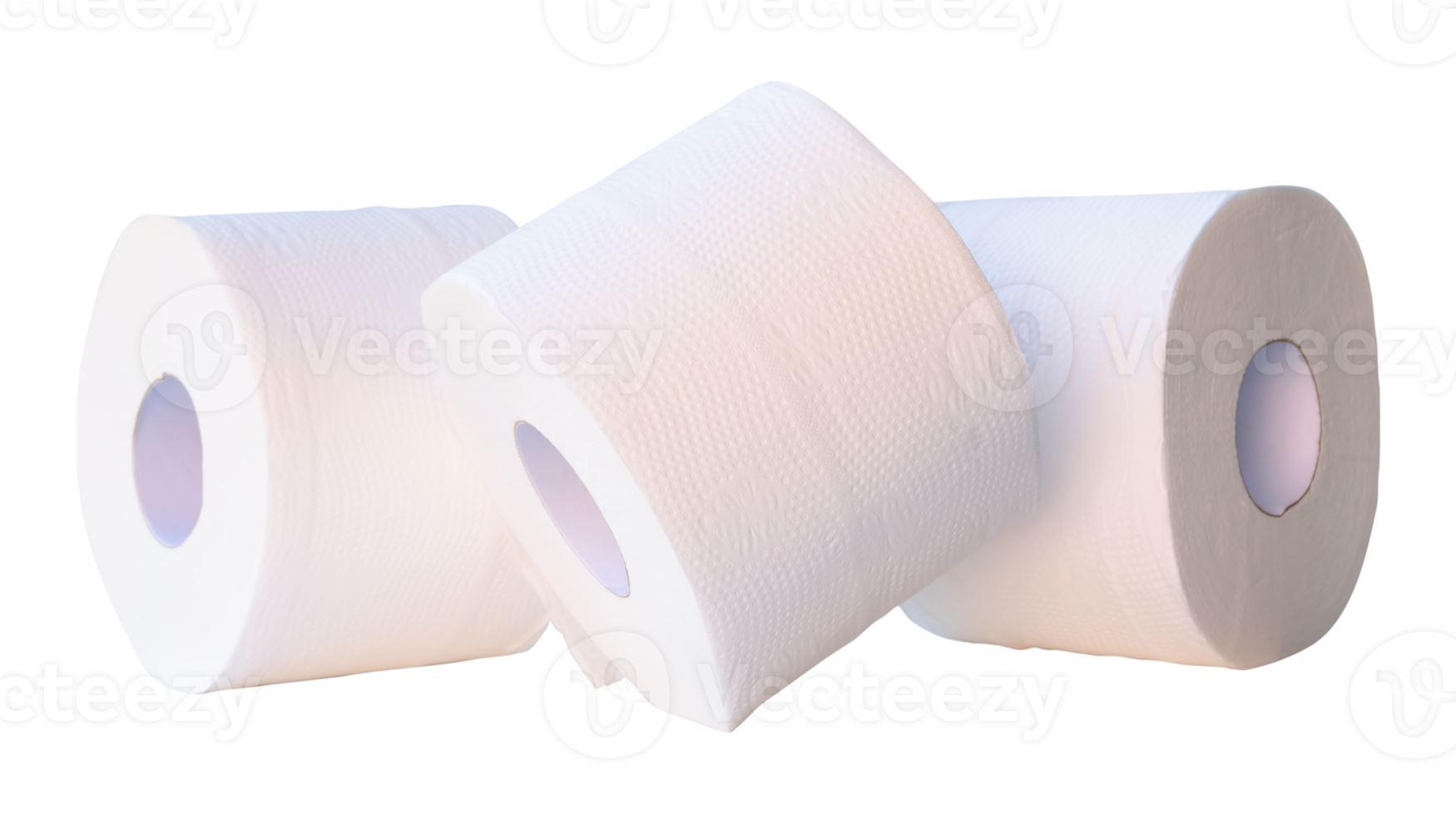 Front view of tissue paper or toilet paper rolls in stack isolated with clipping path in png file format