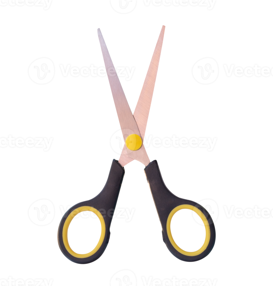 Top view of small multipurpose scissors with black handle isolated with clipping path in png file format