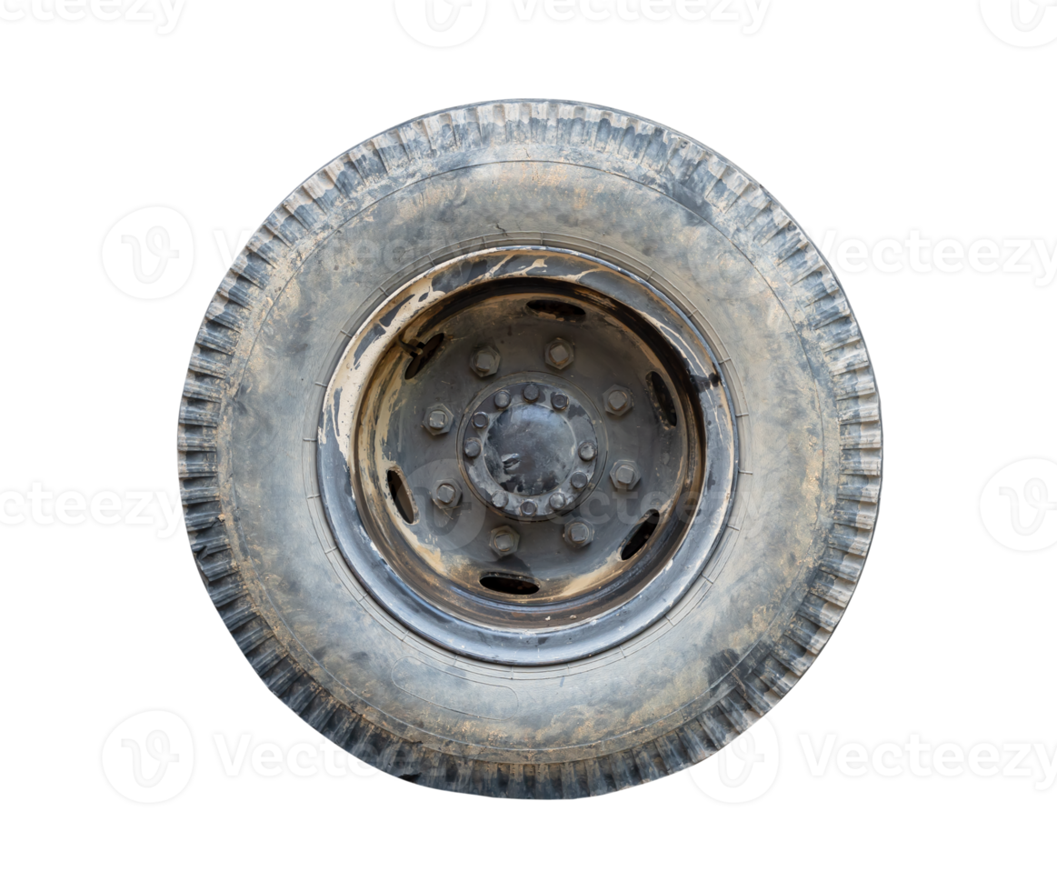 Side view of single big old dirty wheel isolated with clipping path in png file format