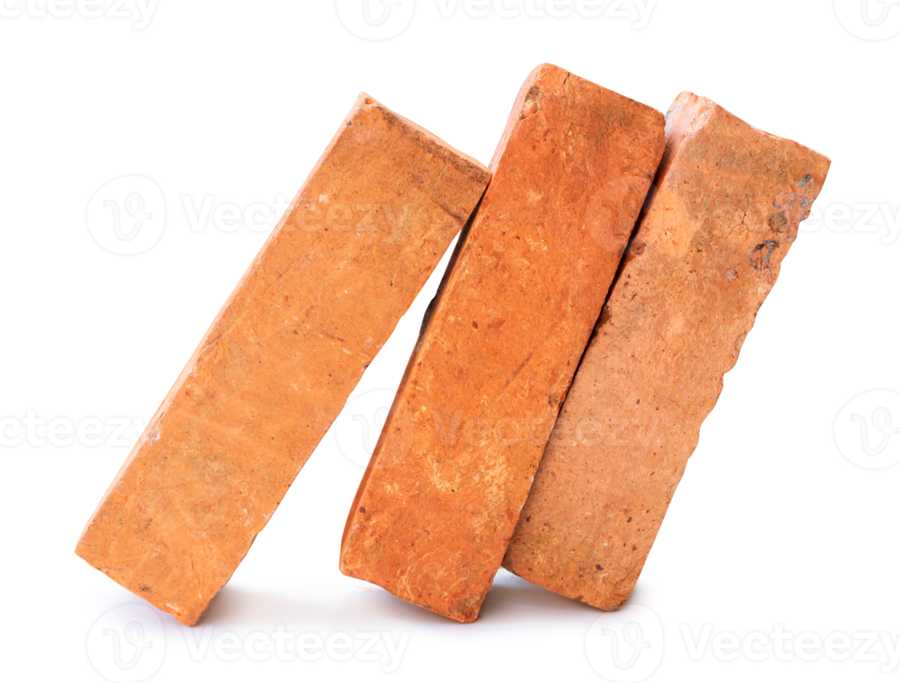 Side view of cracked old red or orange bricks in stack isolated with clipping path and shadow in png file format
